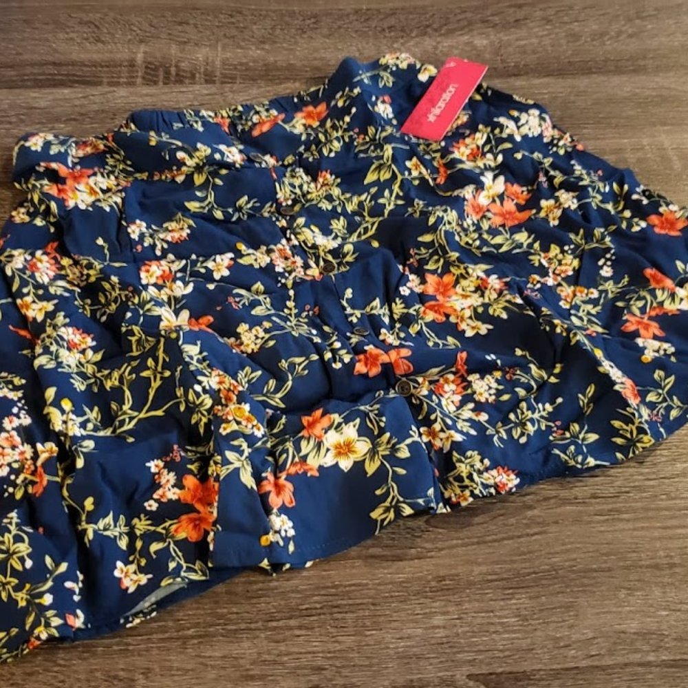 NEW Floral Print Button Front Mini Skirt Navy Blue